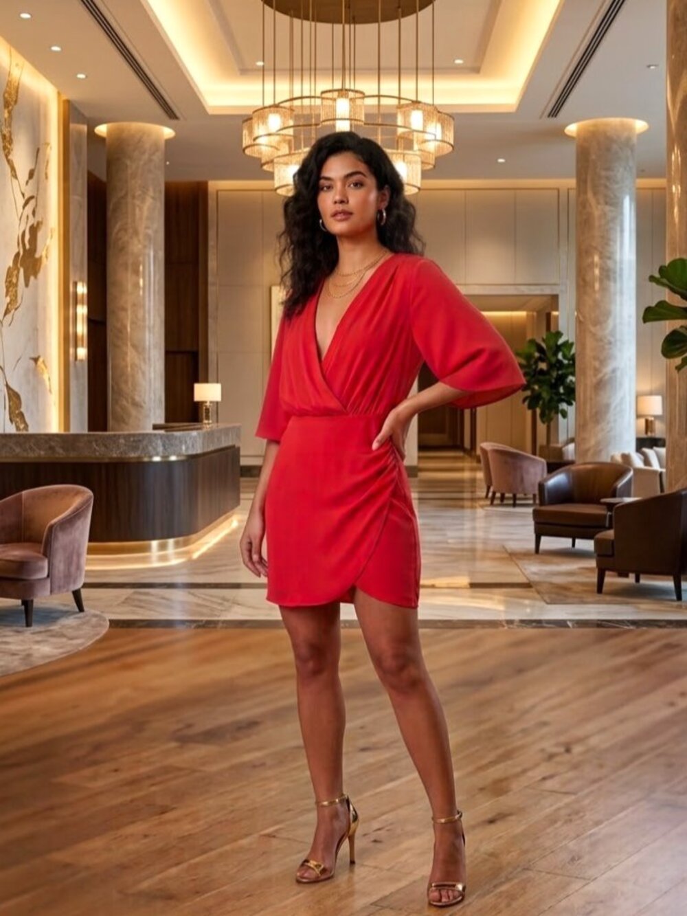 Amanda Uprichard Womens L Orange Red Deep V Neck Ruched Faux Wrap Mini Dress USA